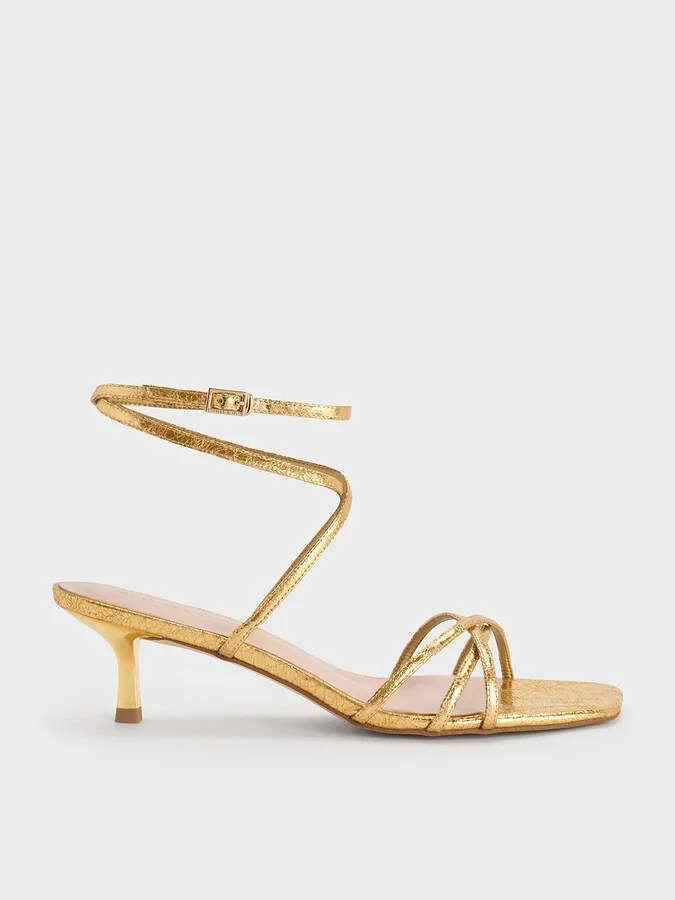 Charles & Keith - Metallic Crinkle-Effect Strappy Ankle-Strap Kitten-Heel Sandals