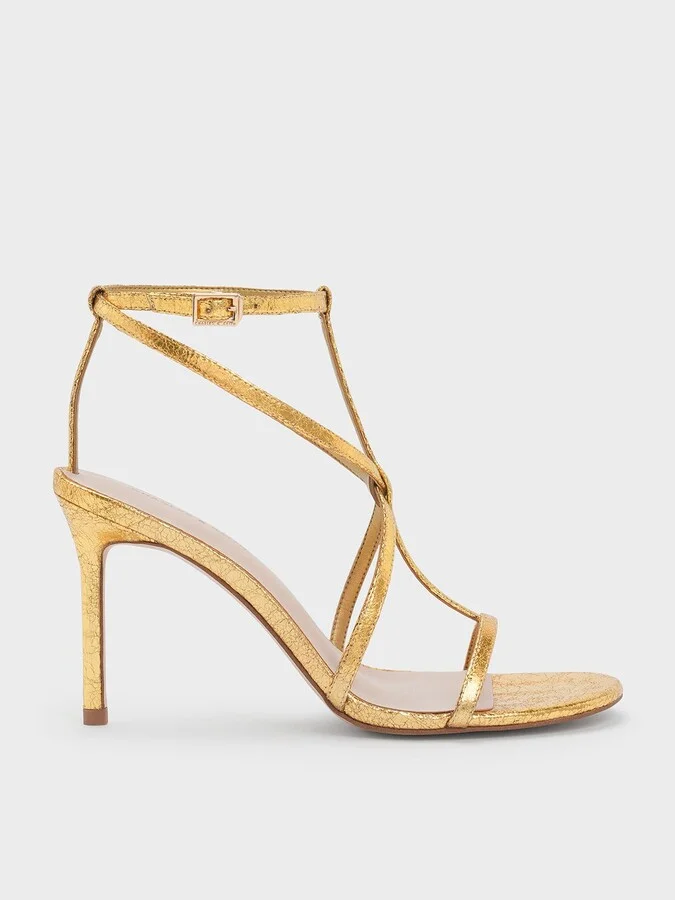Charles & Keith - Metallic Crinkle-Effect Strappy Stiletto-Heel Sandals