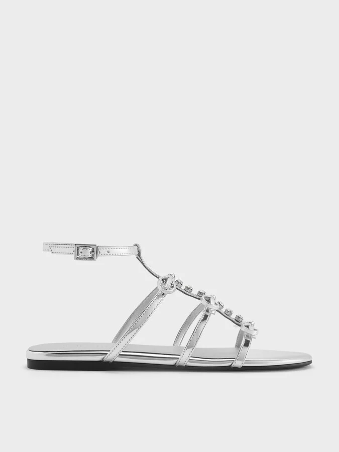 Charles & Keith - Metallic Gem-Embellished Bow T-Bar Sandals