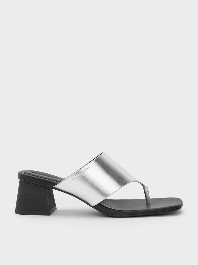 Charles & Keith - Metallic Square-Toe Heeled Thong Sandals