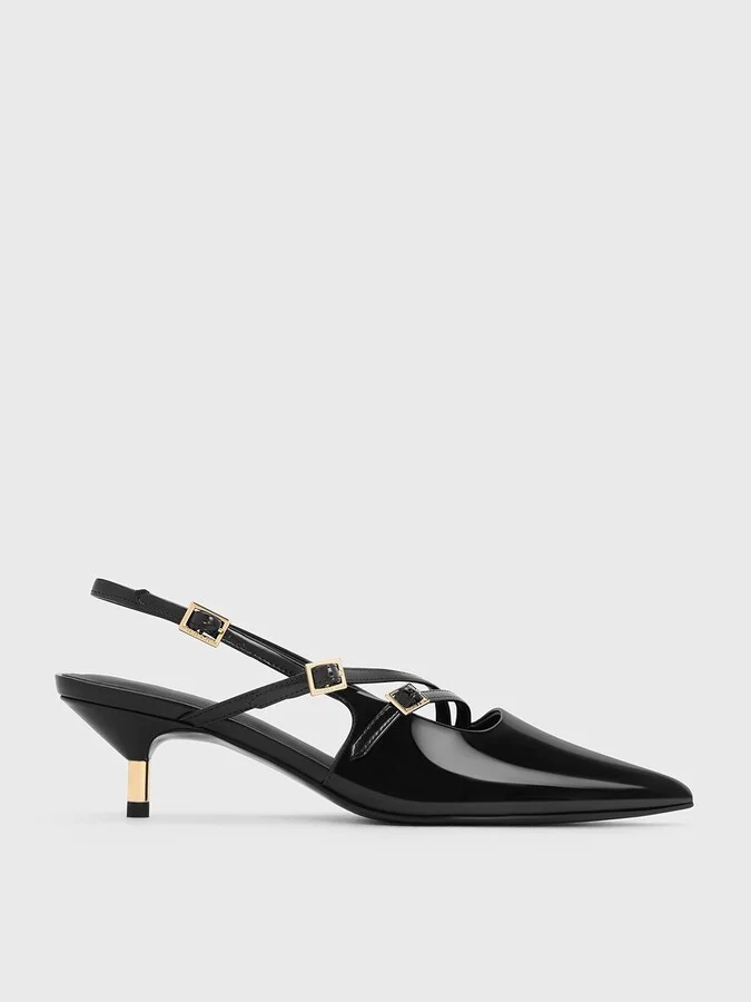 Charles & Keith - Patent Buckle-Strap Kitten Heel Slingback Pumps