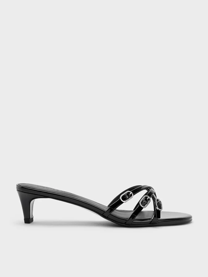 Charles & Keith - Patent Buckled Strappy Kitten-Heel Mules