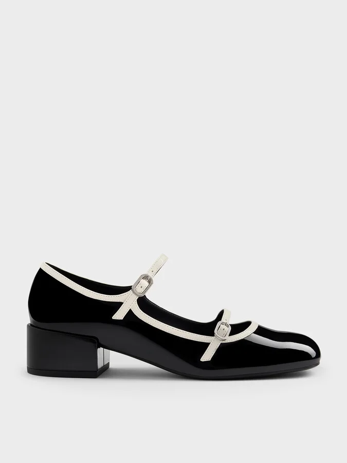 Charles & Keith - Patent Contrast-Trim Double-Strap Mary Jane Pumps