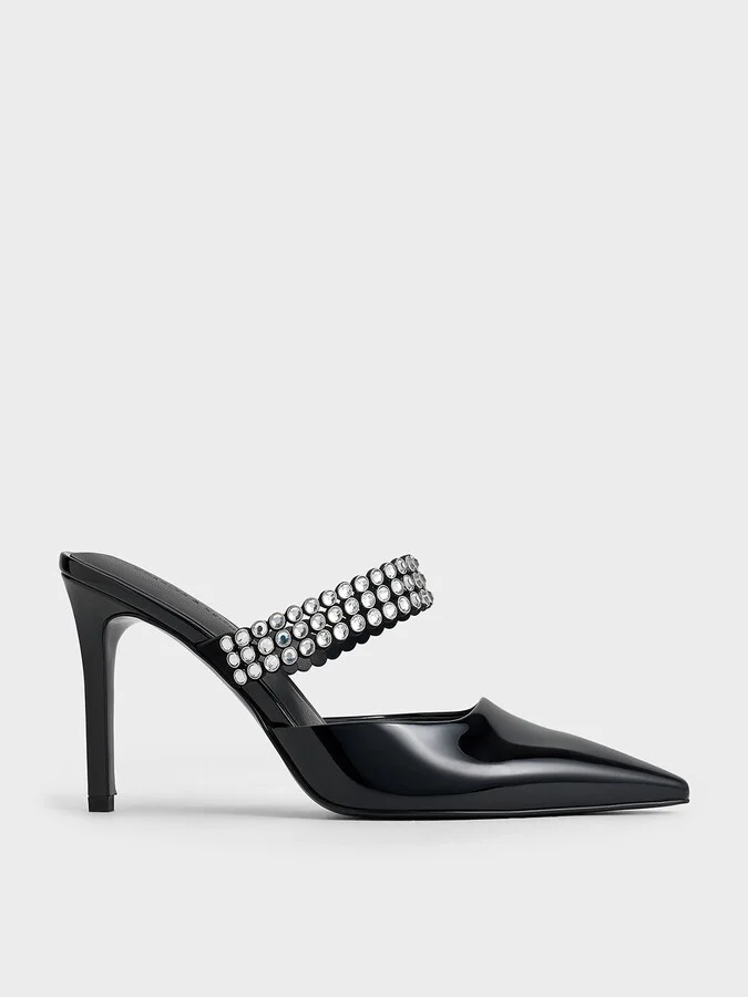 Charles & Keith - Patent Crystal-Embellished Heeled Mules