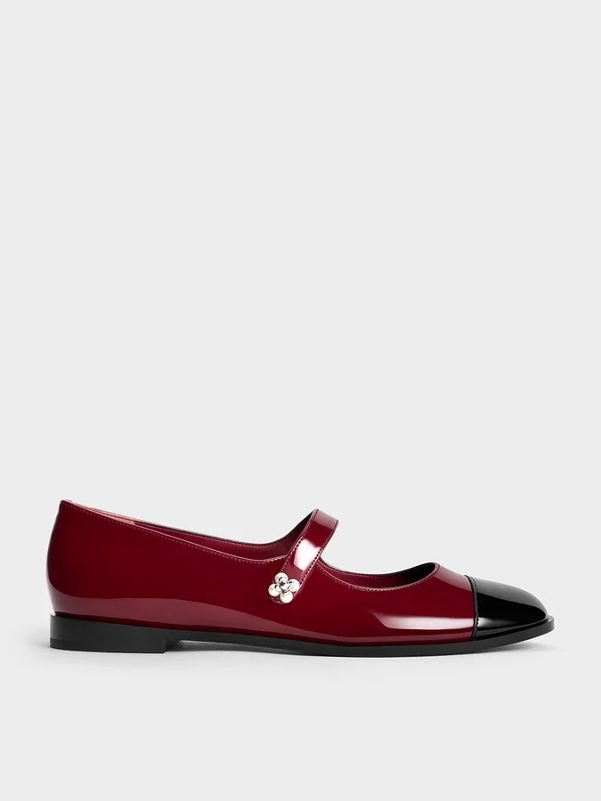 Charles & Keith - Patent Pearl-Embellished Flower-Buckle Cap-Toe Mary Janes