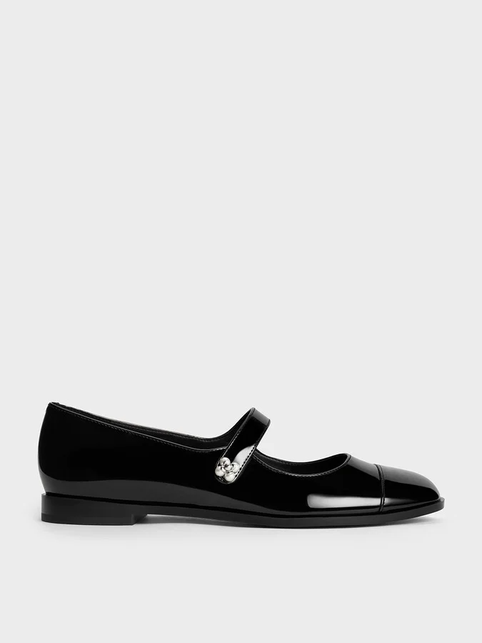 Charles & Keith - Patent Pearl-Embellished Flower-Buckle Cap-Toe Mary Janes