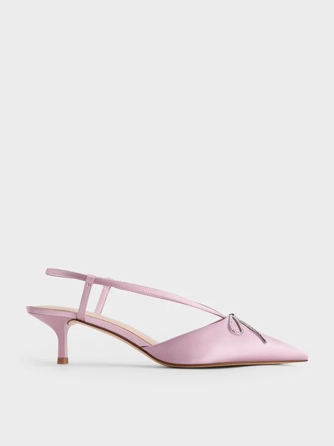 Charles & Keith - Recycled Polyester Crystal-Bow Kitten-Heel Slingback Pumps