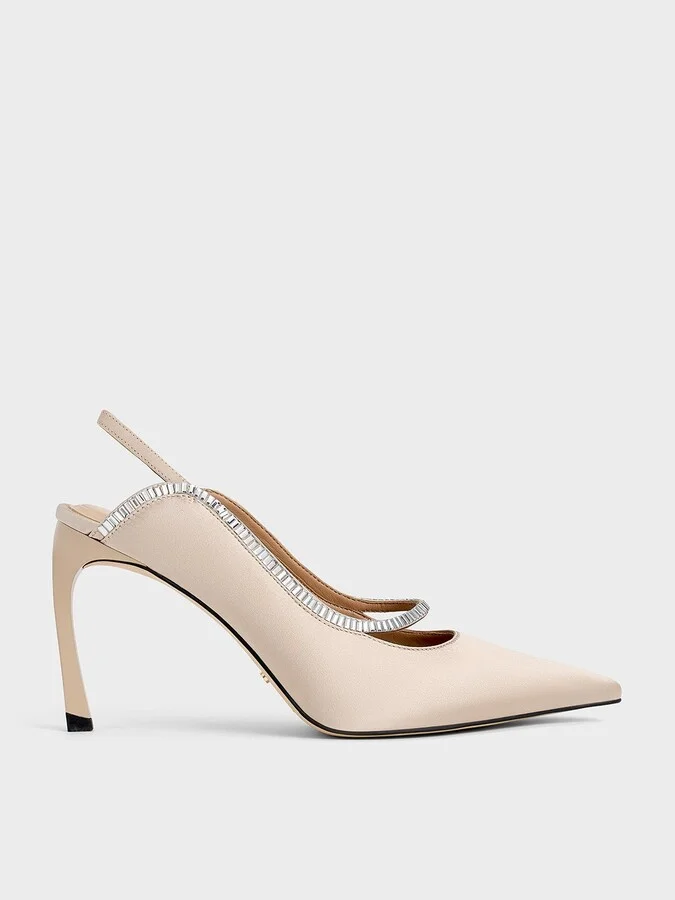Charles & Keith - Recycled Polyester Crystal-Embellished Pointed-Toe Slingback Pumps
