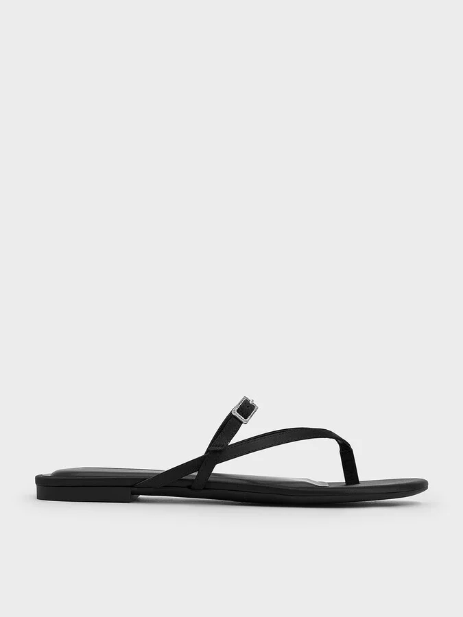 Charles & Keith - Satin Crystal-Buckle Strappy Thong Sandals