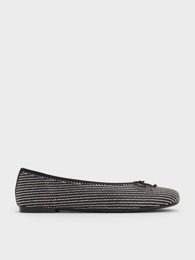 Charles & Keith - Satin Crystal-Embellished Bow Ballet Flats