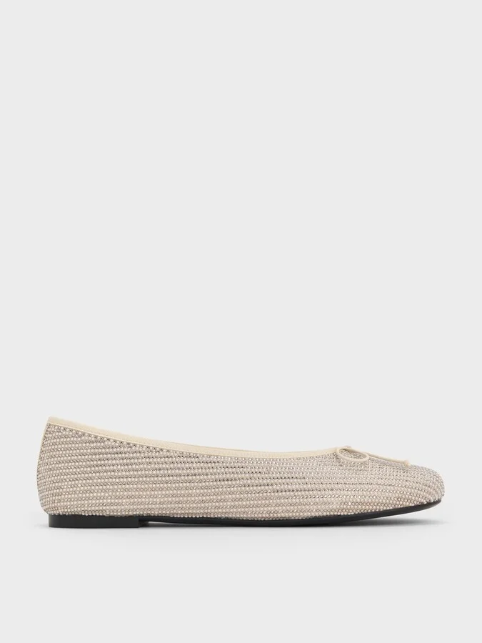 Charles & Keith - Satin Crystal-Embellished Bow Ballet Flats
