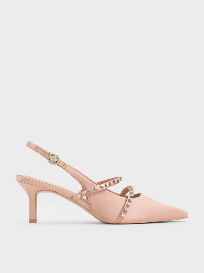 Charles & Keith - Satin Crystal-Embellished Slingback Mary Jane Pumps