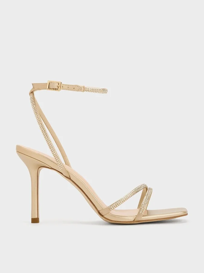 Charles & Keith - Satin Crystal-Embellished Stiletto-Heel Sandals