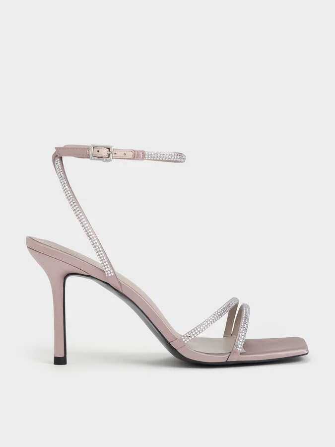 Charles & Keith - Satin Crystal-Embellished Stiletto-Heel Sandals