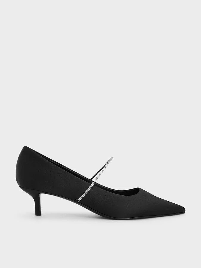 Charles & Keith - Satin Embellished-Strap Pointed-Toe Pumps