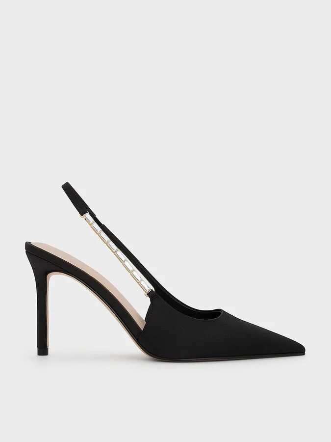 Charles & Keith - Satin Embellished-Strap Pointed-Toe Slingback Pumps