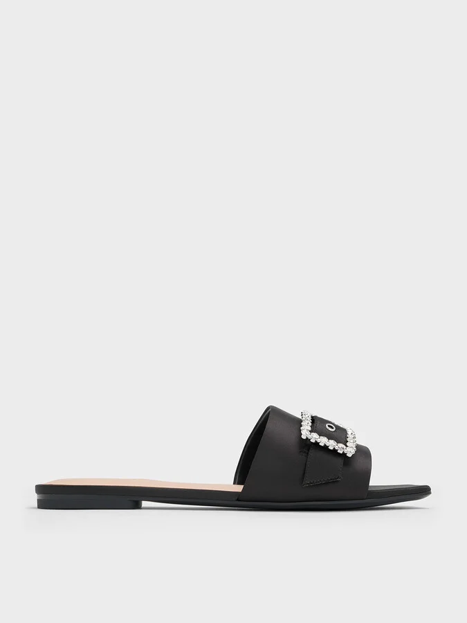Charles & Keith - Satin Gem-Buckle Square-Toe Slide Sandals