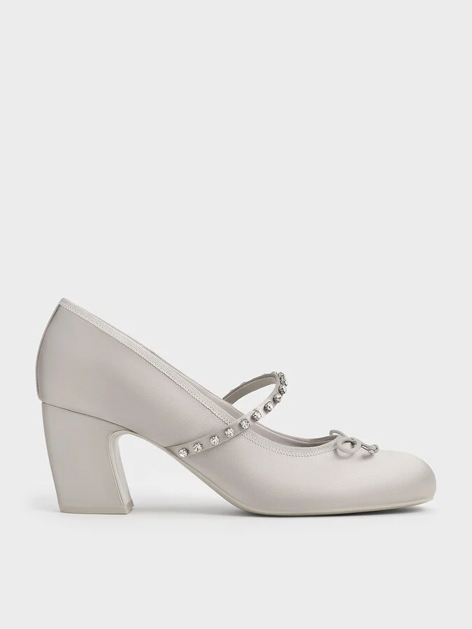 Charles & Keith - Satin Gem-Embellished Bow Mary Jane Pumps