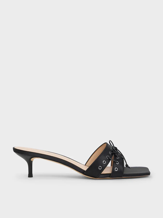 Charles & Keith - Satin Lace-Up Double-Strap Kitten-Heel Mules