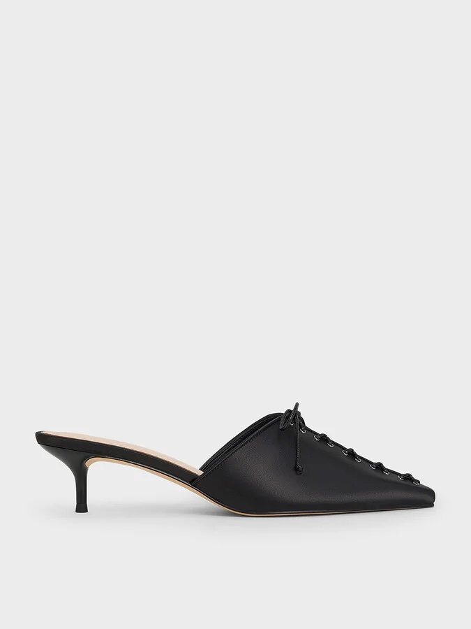 Charles & Keith - Satin Lace-Up Pointed-Toe Kitten-Heel Mules