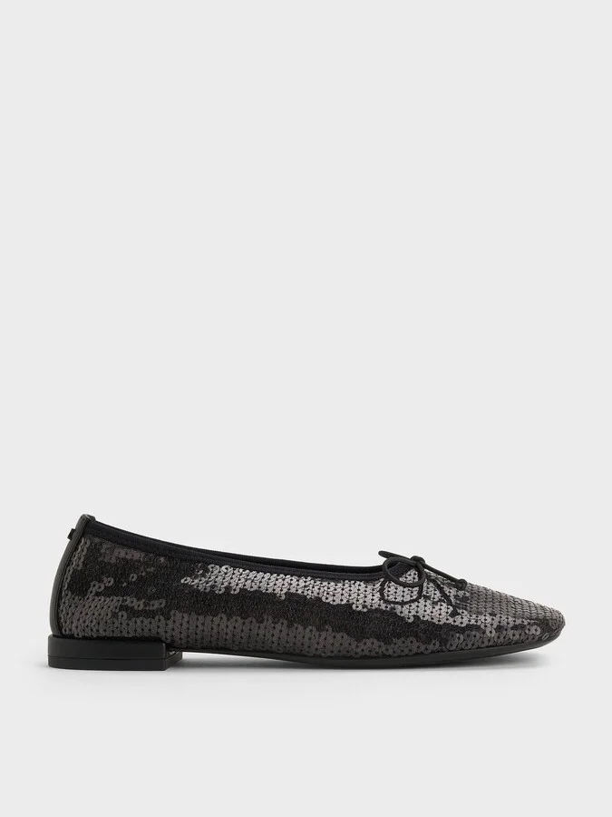 Charles & Keith - Sequin Mesh & Leather Bow Ballet Flats