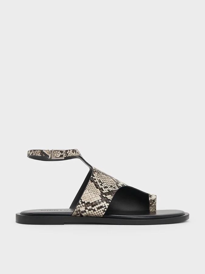Charles & Keith - Snake-Print Ankle-Strap Toe-Ring Sandals