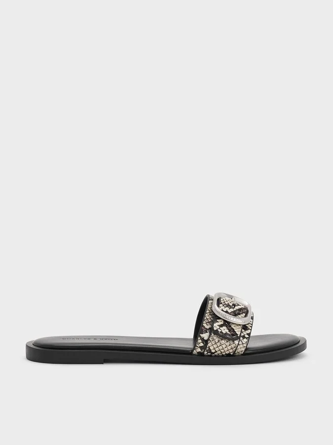 Charles & Keith - Snake-Print Buckle-Strap Slide Sandals