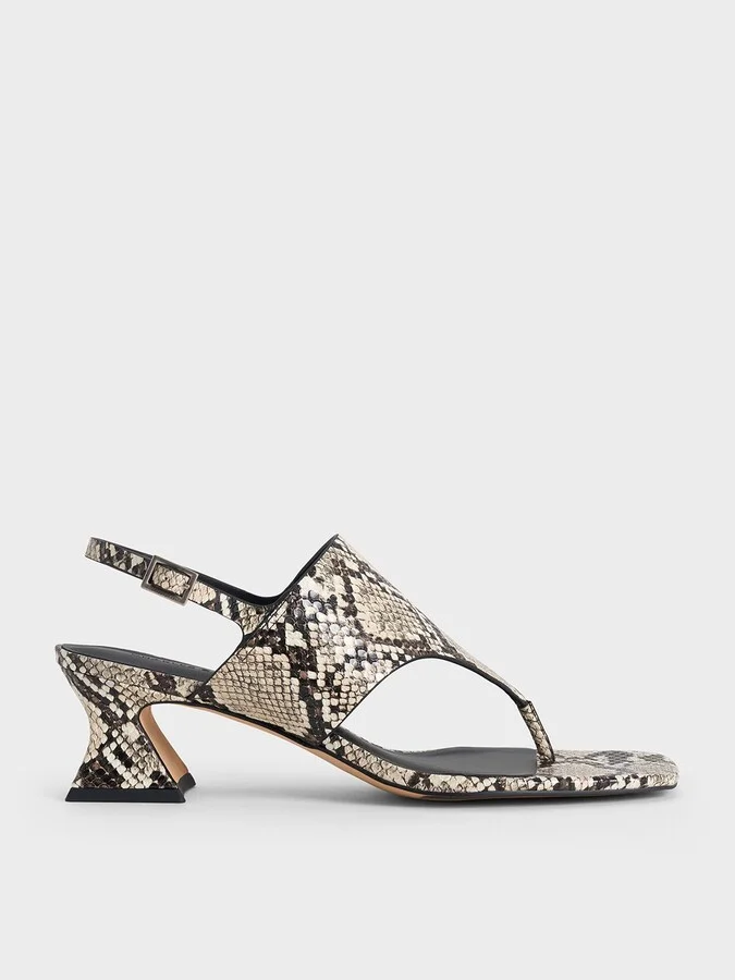 Charles & Keith - Snake-Print Wide-Strap Heeled Thong Sandals