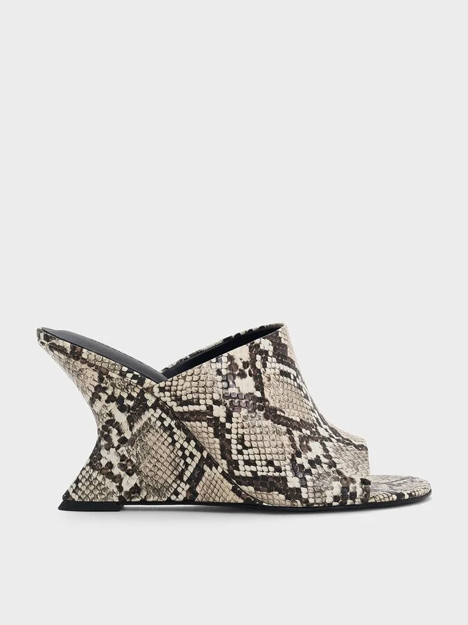Charles & Keith - Snake-Print Wide-Strap Sculptural-Heel Wedges