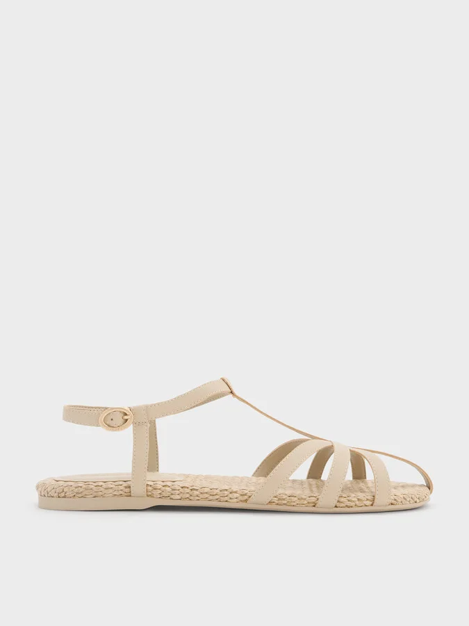 Charles & Keith - Strappy Raffia T-Bar Ankle-Strap Sandals