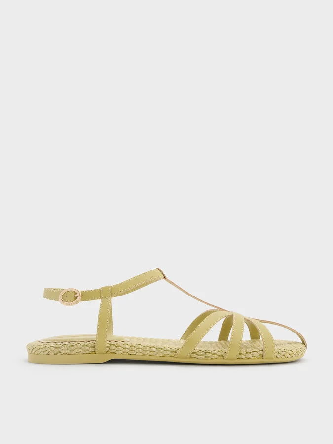 Charles & Keith - Strappy Raffia T-Bar Ankle-Strap Sandals