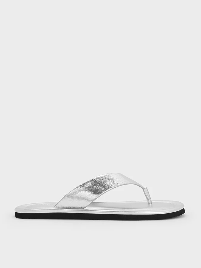 Charles & Keith - Trinah Metallic Crinkle-Effect Thong Sandals