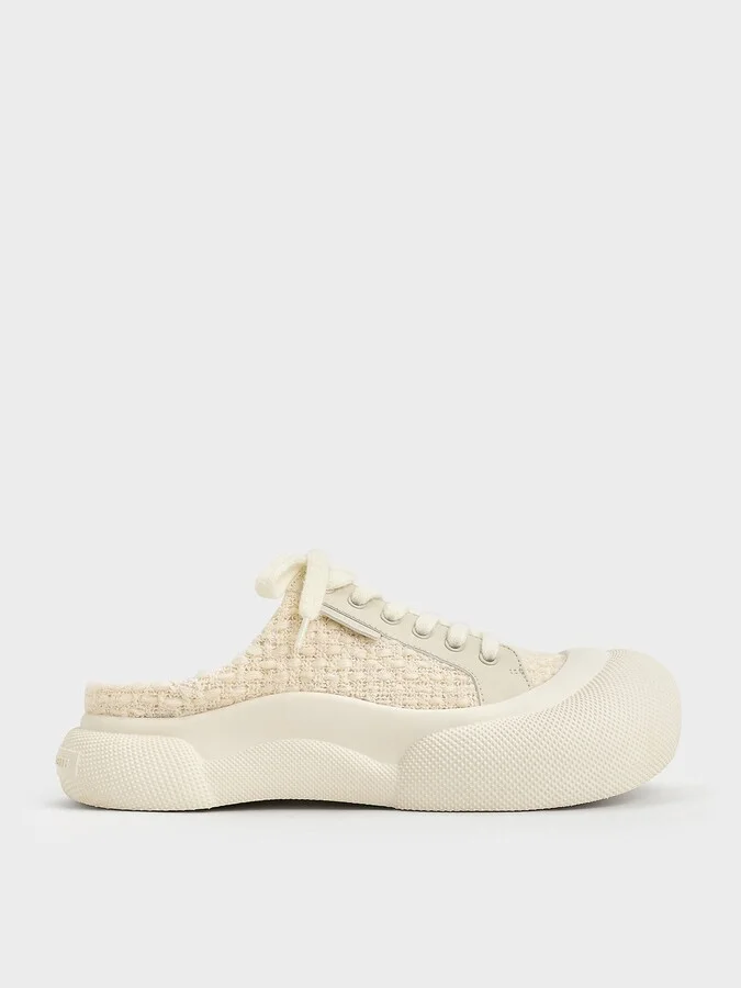 Charles & Keith - Tweed Lace-Up Slip-On Sneakers