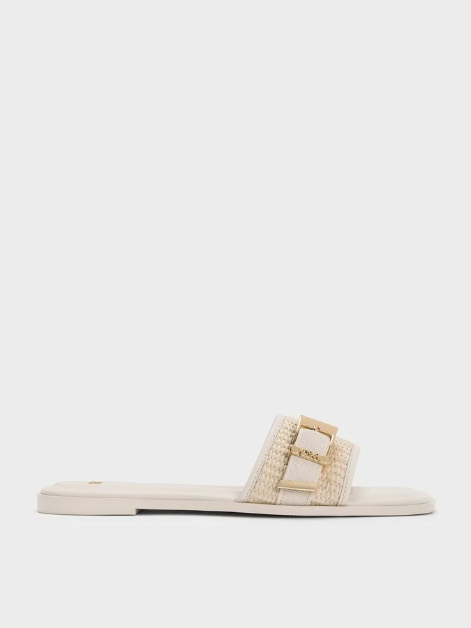 Charles & Keith - Whitney Leather & Raffia Buckled Slide Sandals