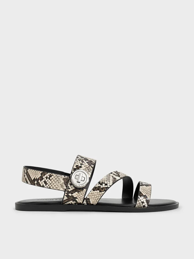 Charles & Keith - Yara Snake-Print Turn Lock Strappy Sandals