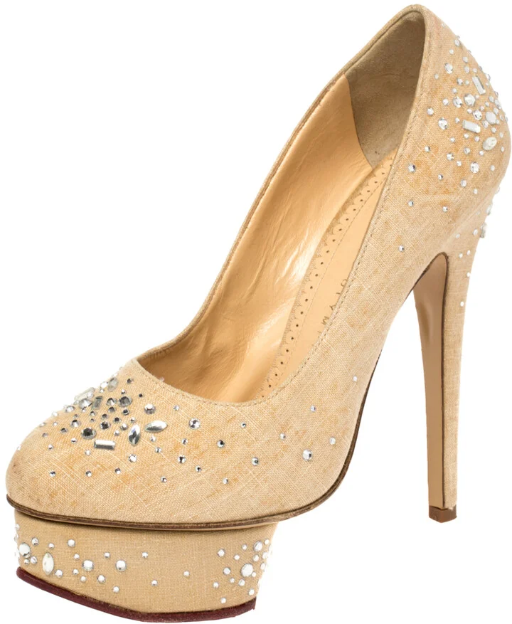 Charlotte Olympia Beige Canvas Crystal Embellished Dolly Platform Pumps Size 36.5
