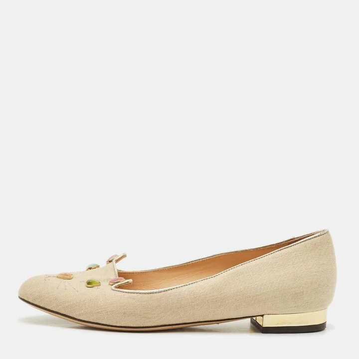 Charlotte Olympia Beige Canvas Smoking Slippers Size 37