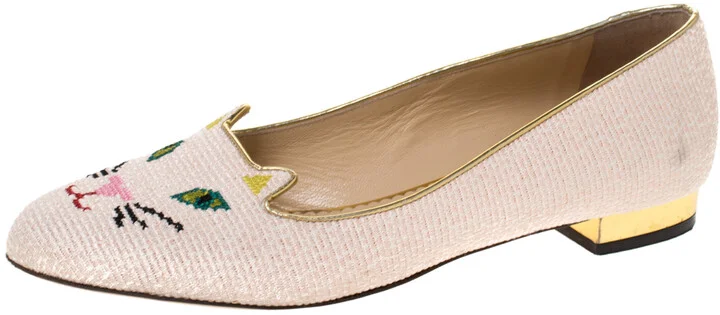 Charlotte Olympia Beige Embroidered Canvas Emoticat Cheeky Kitty Ballet Flats Size 40