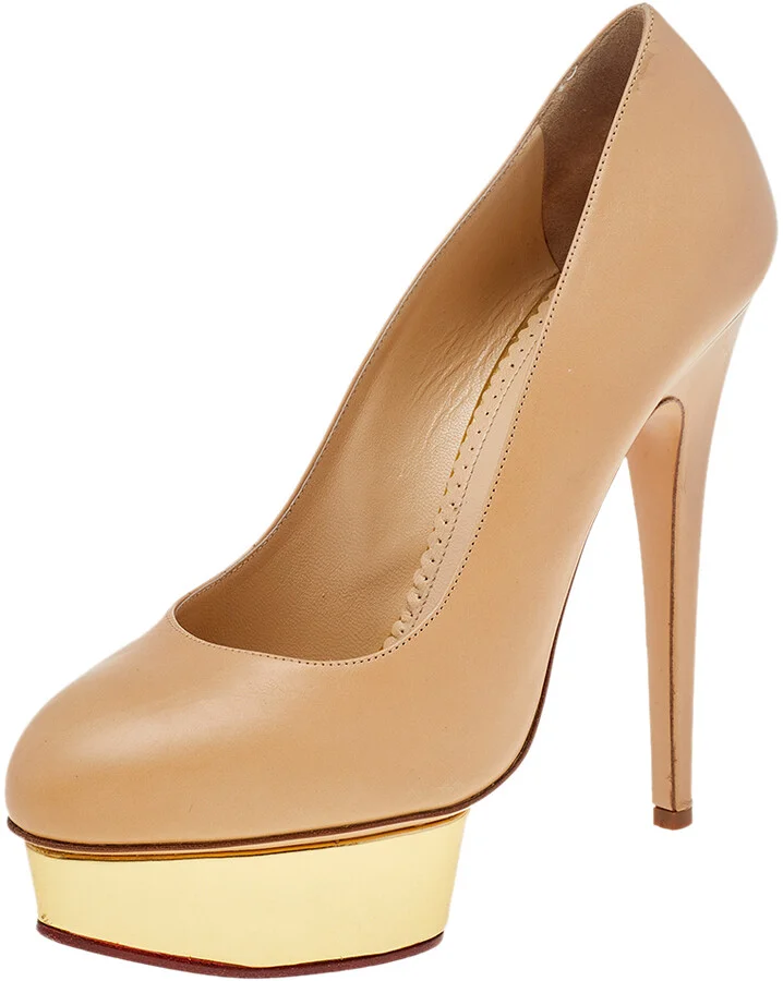 Charlotte Olympia Beige Leather Dolly Platform Pumps Size 40
