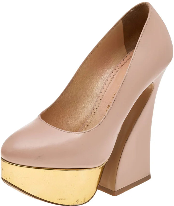 Charlotte Olympia Beige Leather Platform Pumps Size 35.5