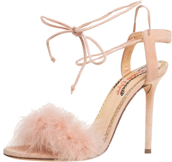 Charlotte Olympia Beige Suede And Feather Embellished Salsa Sandals Size 39