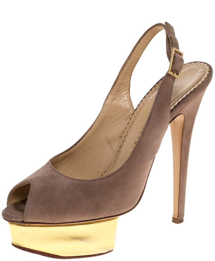 Charlotte Olympia Beige Suede Slingback Peep Toe Platform Sandals Size 37.5
