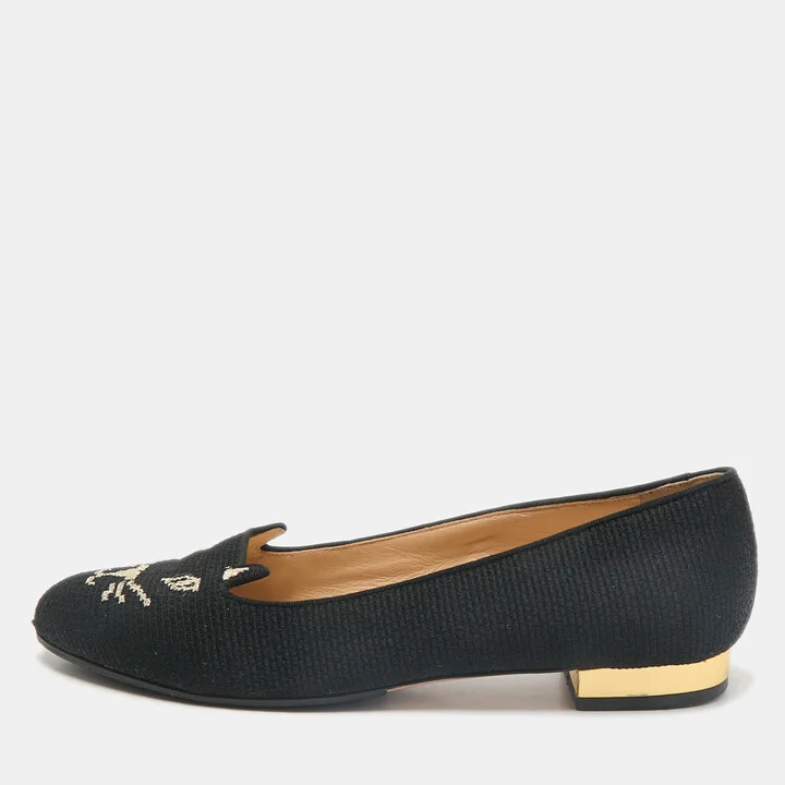 Charlotte Olympia Black Canvas Kitty Smoking Slippers Size 37.5