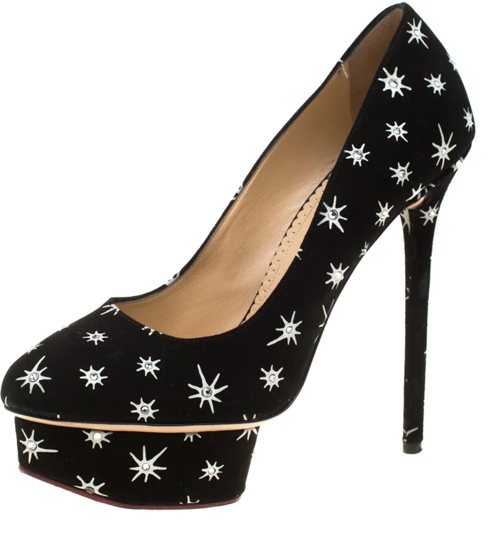 Charlotte Olympia Black Crystal Embellished Printed Suede Joise Platform Pumps Size 38.5