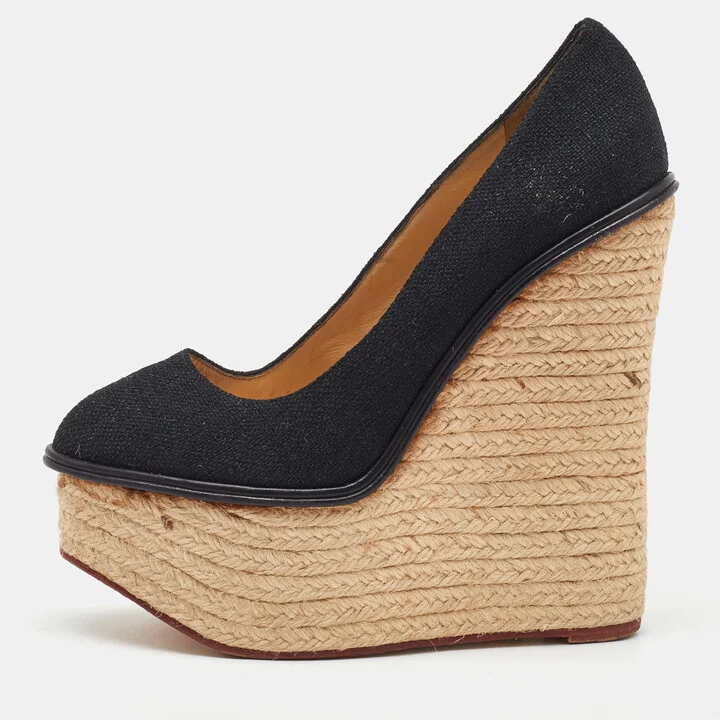 Charlotte Olympia Black Fabric Carmen Espadrille Platform Wedge Pumps Size 38