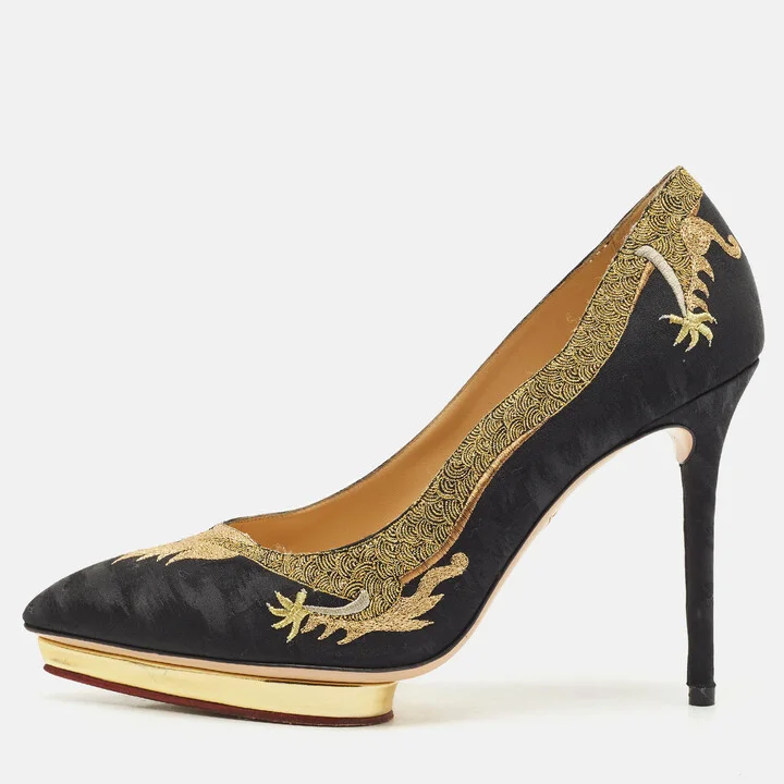 Charlotte Olympia Black Fabric Debbie Dragon Pointed Toe Platform Pumps Size 41