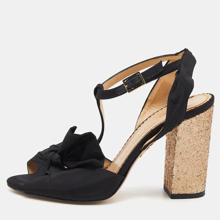 Charlotte Olympia Black Fabric Glitter Block Heel T Strap Sandals Size 37