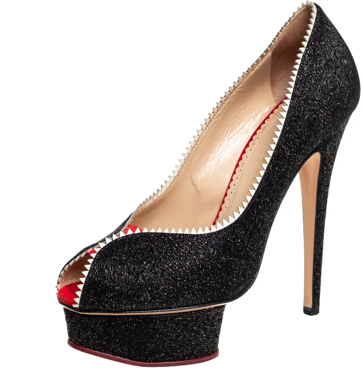 Charlotte Olympia Black Glitter And Patent Leather Scalloped Trim Peep Toe Platform Pumps Size 37.5