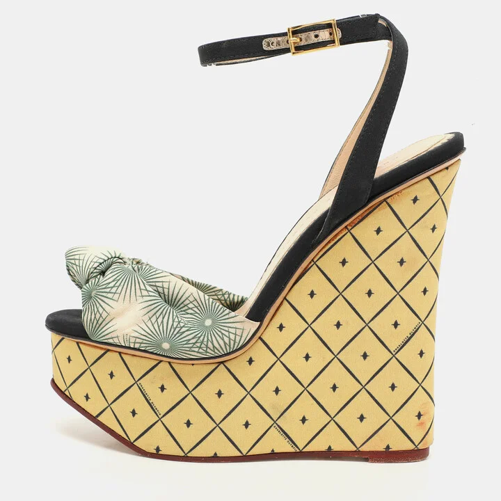 Charlotte Olympia Black/Green Satin Tie Ankle Strap Wedge Sandals Size 38.5