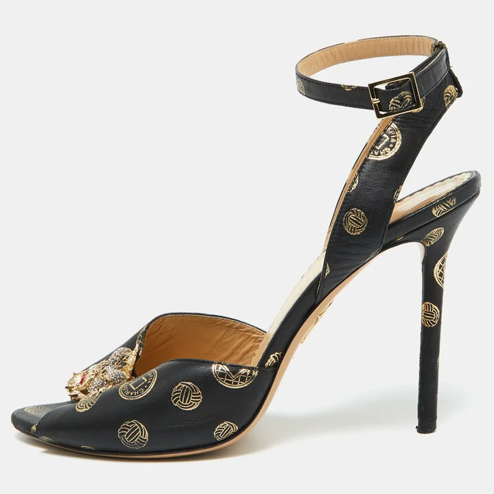 Charlotte Olympia Black Leather Ankle Strap Sandals Size 39